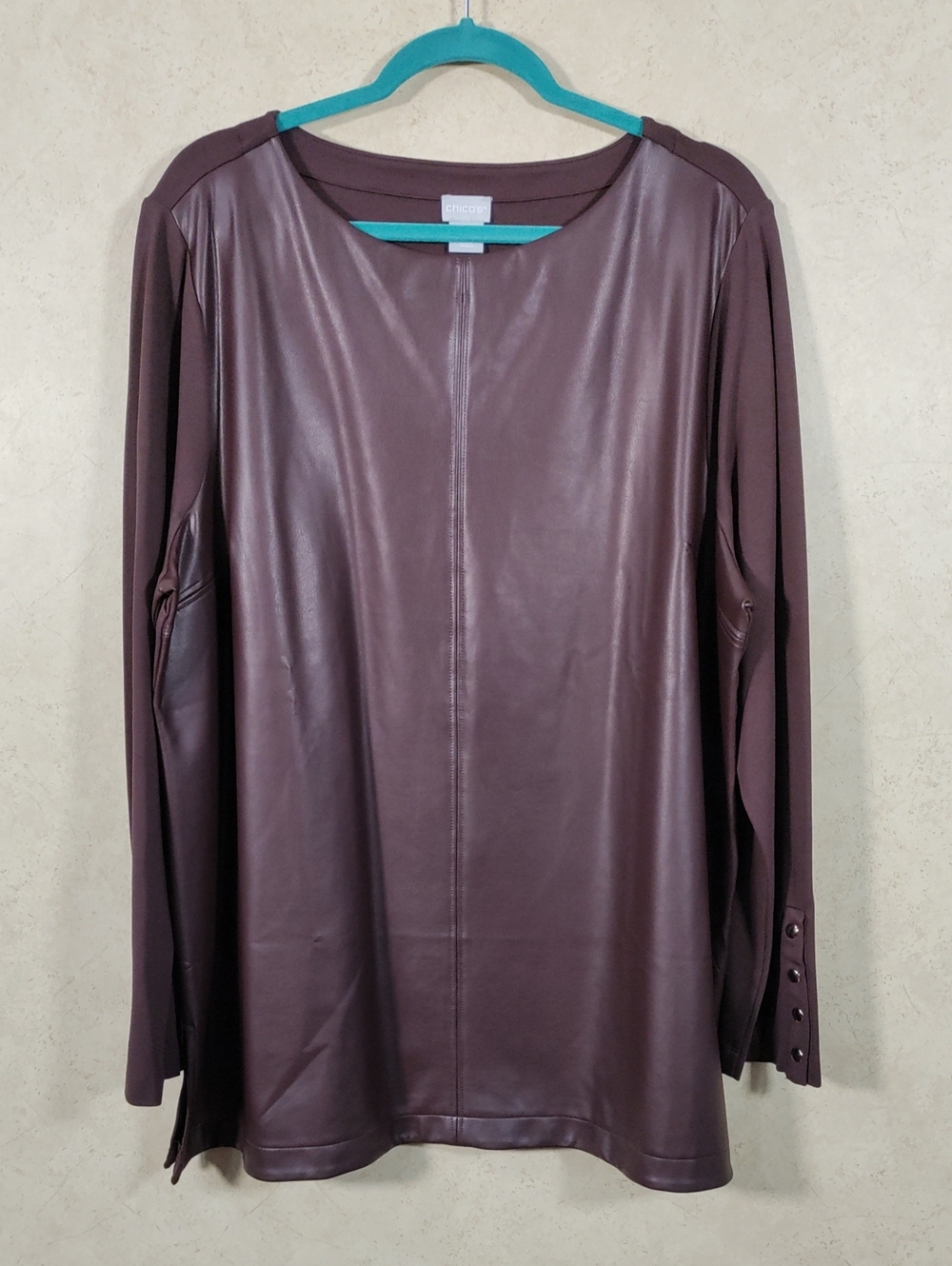 J191 Chico's Dark Plum Faux Leather & Knit Tunic Blouse 4 XXL NEW